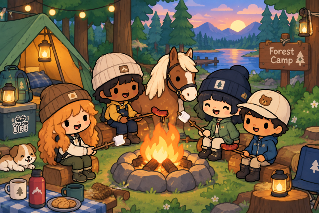 Placeholder The forest campsite with characters sitting around the campfire roasting food