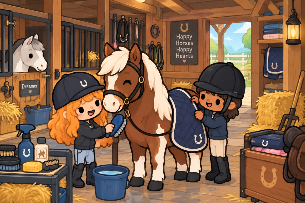 Placeholder The stable interior showing characters grooming a horse with brushes and blankets
