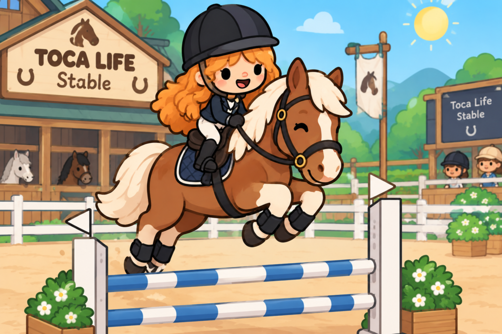 Placeholder Your character on horseback jumping over a hurdle in the Arena